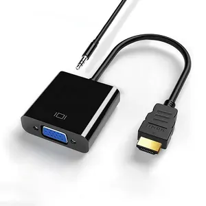1080P HDMI Laki-laki Ke VGA Perempuan Video Kabel Adapter Converter dengan 3.5MM Audio Jack Aux Kabel Kabel Hitam