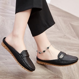 Mules mocassins noires pour femmes à talon ouvert avec boucle en strass, chaussures plates décontractées respirantes en cuir PU souple pour la conduite - Product Image 2