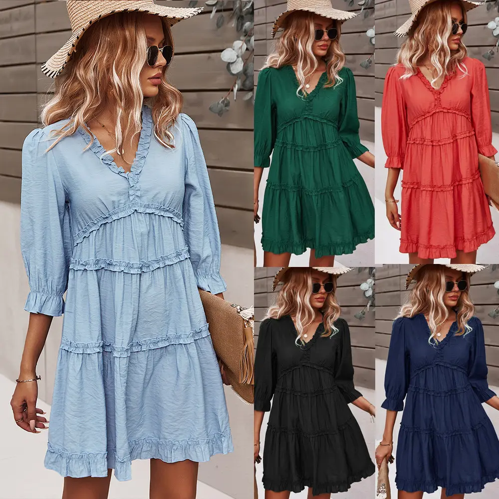 2022 New Design European V-neck Casual Dress, Medium Long Sleeve Midi Leisure Resort Style Dresses