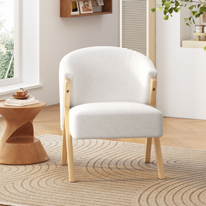 Fauteuil d'appoint moderne avec revêtement blanc et structure en bois massif, fauteuil lounge minimaliste pour salon - Product Image 3