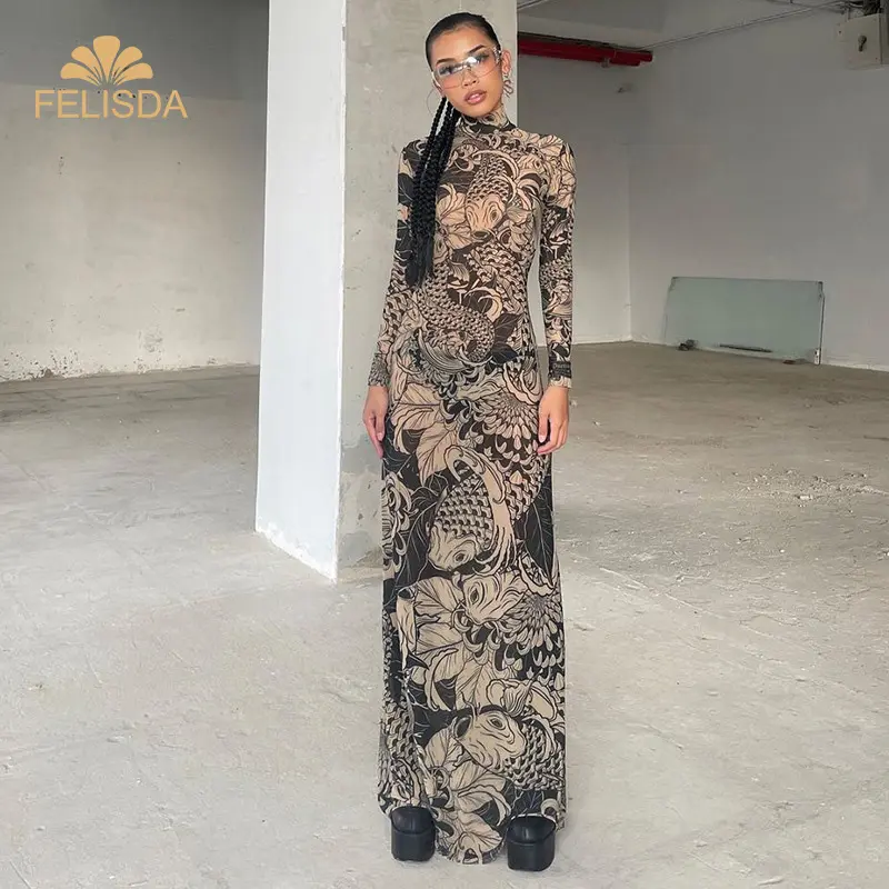 30% Off Mesh Printed Women Maxi Dress Full Sleeve Bodycon High Street Party Attirewear See Through Long Dress for Wholesale