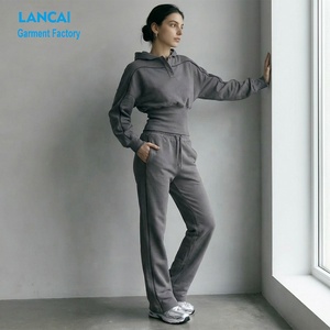 Custom Athleisure Wear Manufacturer Women Contrast Piping Cinched Waist Hoodie and Straight Leg Pants Two Piece Sweatsuits <b>Set</b> - Product Image 3