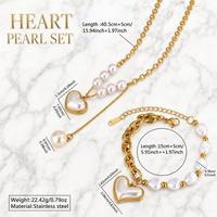 Ensemble collier et bracelet en acier inoxydable plaqué or 18 carats de haute qualité, sans ternissement, avec perle en forme de cœur, pour femmes, vente en gros, bijoux en acier