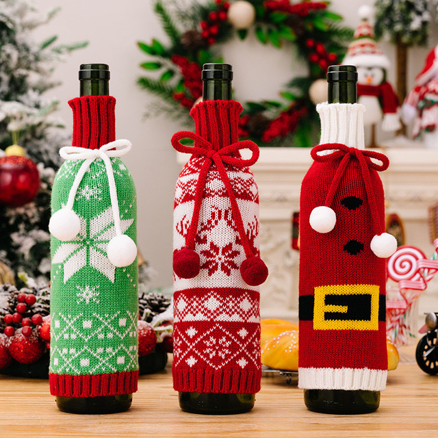 2026 New Knitted Christmas Wine Bottle Covers Reindeer Snowflake Xmas Champagne Bottle Sleeves for Festive Holiday Table Decor