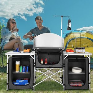Mesa de Cocina <span class=keywords><strong>Plegable</strong></span> para Exteriores, Estación de Cocina de Aluminio con 3 Armarios, Parabrisas Desmontable, Mesa de Cocina para Campamento y Picnics - Product Image 2