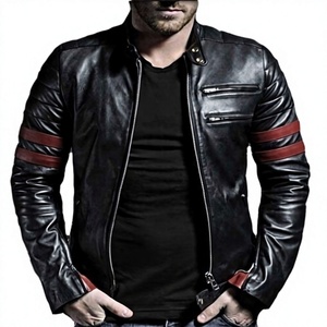 Men's Black PU Leather Moto <b>Jacket</b> With <b>Red</b> Stripe Sleeves Zipper Closure Stand Collar Autumn Style - Product Image 3
