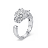 DiamondX Bague ouverte tête de léopard en or massif 18 carats, pavée de diamants de laboratoire, style animalier de luxe