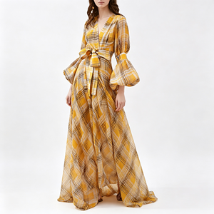 Vestido <span class=keywords><strong>Maxi</strong></span> a Cuadros Estilo Europeo y Americano para Mujer: Casual, Diseño con Cuello en V, Mangas Abullonadas <span class=keywords><strong>3</strong></span>/4, un Vestido Moderno - Product Image 1