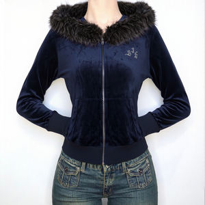 Sweat-shirt zippé en velours avec col en fourrure et strass, vêtement décontracté pour femmes, veste tendance streetwear - Product Image 4