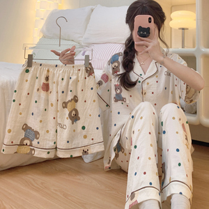 <span class=keywords><strong>Pigiama</strong></span> in Cotone con Motivo Orsacchiotto e Nuvole, Set Tre Pezzi a Maniche Corte per Donna, Abbigliamento Casual Primaverile ed Estivo per Casa, Vendita all'Ingrosso - Product Image 5