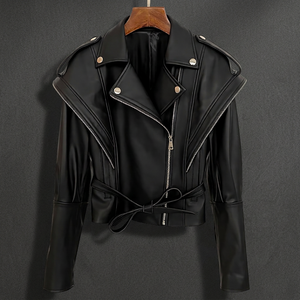 Chaqueta de moto de cuero PU para mujer, cuello vuelto, cremallera, cinturón, abrigo corto de motociclista, proveedor mayorista de LOGOTIPO personalizado 2026 - Product Image 3