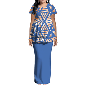 فستان نسائي قصير الأكمام مكشكش بمقاسات كبيرة بطباعة هاواي، طقم من قطعتين على الطراز الساموي، فستان سهرة مخصص للبيع بالجملة - Product Image 3