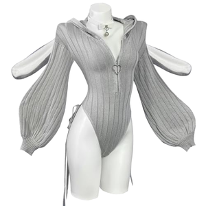 Pijama de cosplay de conejita dulce estilo <span class=keywords><strong>anime</strong></span> para mujer, mono gris con capucha, cremallera trasera, sin espalda, con orejas de conejo largas - Product Image 1