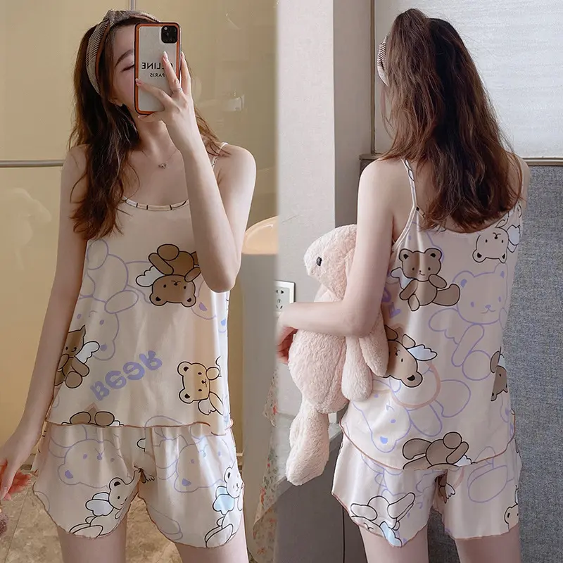 Belle fille été pyjamas ensemble mode impression coton haut sans manches Shorts deux pièces ensemble nouvelle femme vêtements de nuit décontractés