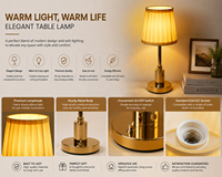 Lampe de table sans fil Serene avec base dorée champagne et abat-jour plissé pour table de chevet, ambiance douce