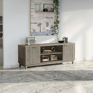 Meuble TV moderne en bois pour salon, console multimédia avec portes cannelées et étagères de rangement - Product Image 3