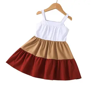 3色白色和葡萄酒缎面棉质可爱衬裙，适合儿童女孩，带褶夏季甜美拼接风格背带裙