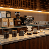 Aménagement de magasin de vente au détail axé sur le design pour café moderne avec vitrine de boulangerie et comptoir de bar à café pour livraison mondiale