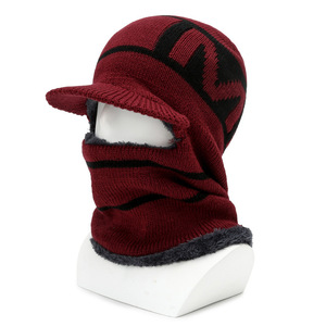 Men's Knitted Winter Hat With Neck Protector Fleece Lined Warm Fisherman Style Cap Burgundy Black - Product Image 1