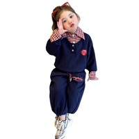 Ensemble 2 pièces en coton pour petites filles, sweat-shirt à col à carreaux effet deux pièces et pantalon brodé, tenue preppy pour enfants, vente en gros