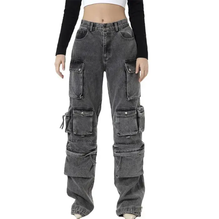 High Street-pantalones vaqueros holgados para mujer, Vaqueros cintura alta con largos de Logo personalizado, con bolsillos grandes, color negro