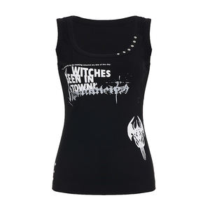 Camiseta sin Mangas con Estampado Gótico Negro para Mujer, Chaleco Ajustado con Detalles de Tachuelas Metálicas, Estilo Punk Urbano - Product Image 6