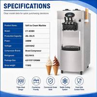 Machine à glace molle commerciale 3 saveurs, 32L/H, haute production, automatique, pour usage professionnel intensif