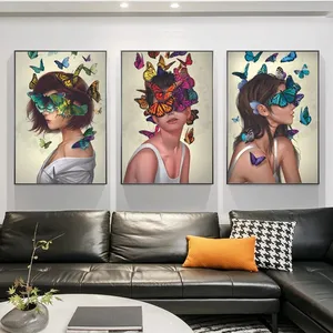 女性の顔の抽象的な素敵な蝶ポートレートキャンバス絵画壁アートポスタープリント壁の写真リビングルームの家の装飾