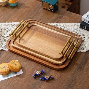 Wooden <b>dinner</b> <b>tray</b>, dessert <b>tray</b>, tea <b>tray</b>, home living room storage, light luxury <b>tray</b>, rectangular wooden <b>tray</b> with gold - Product Image 1