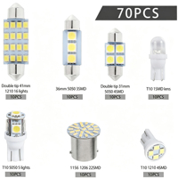 Kit d'éclairage intérieur LED pour voiture, 70 pièces, ampoules LED de lecture T10 et lampes Festoon 31mm 41mm 36mm, ampoules LED automobiles 12V
