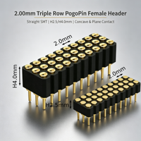 Connecteur PCB Denentech 2.00mm Triple Rangée PogoPin Femelle Droit SMT, H2.5/H4.0mm, Contact Concave et Plat