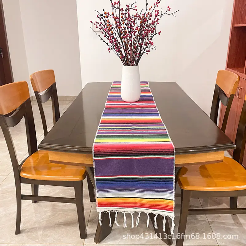 Mantel de mesa con borlas mexicano personalizado al por mayor, mantel de gasa de algodón para boda, camino de mesa para boda, decoración del hogar