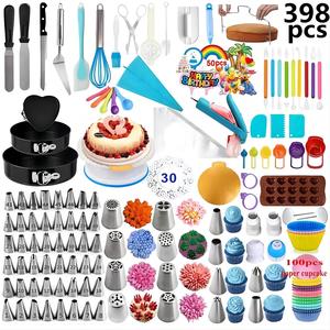 Kit di 398 Pezzi per Decorazione Torte Ecologico, Utensili da <span class=keywords><strong>Pasticceria</strong></span>, Piatto Girevole in Plastica con Supporto, Include Set per Decorazione con Glassa - Product Image 1