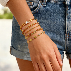 Fashion Chain Link <b>Bracelet</b> <b>Set</b> 18k Gold Plated Zinc Alloy Geometric Oval Rings Bezel Setting For Women Jewelry Accessory - Product Image 1