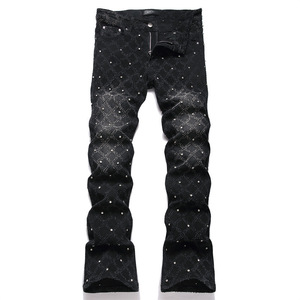 Dropshipping Men's <b>Boot</b> Cut Denim Jeans Rhinestone Slim Flared Stretch Streetwear Trousers Blue Cotton - Product Image 4