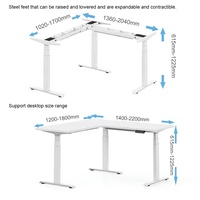 Bureau debout électrique en L à triple moteur durable, 63 pouces, en MDF blanc, 4 préréglages de mémoire, anti-collision, pour bureau
