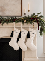 Chaussettes de Noël personnalisées en lin beige neutre, style minimaliste, pour la famille, fête de Noël, chaussettes de Noël personnalisées