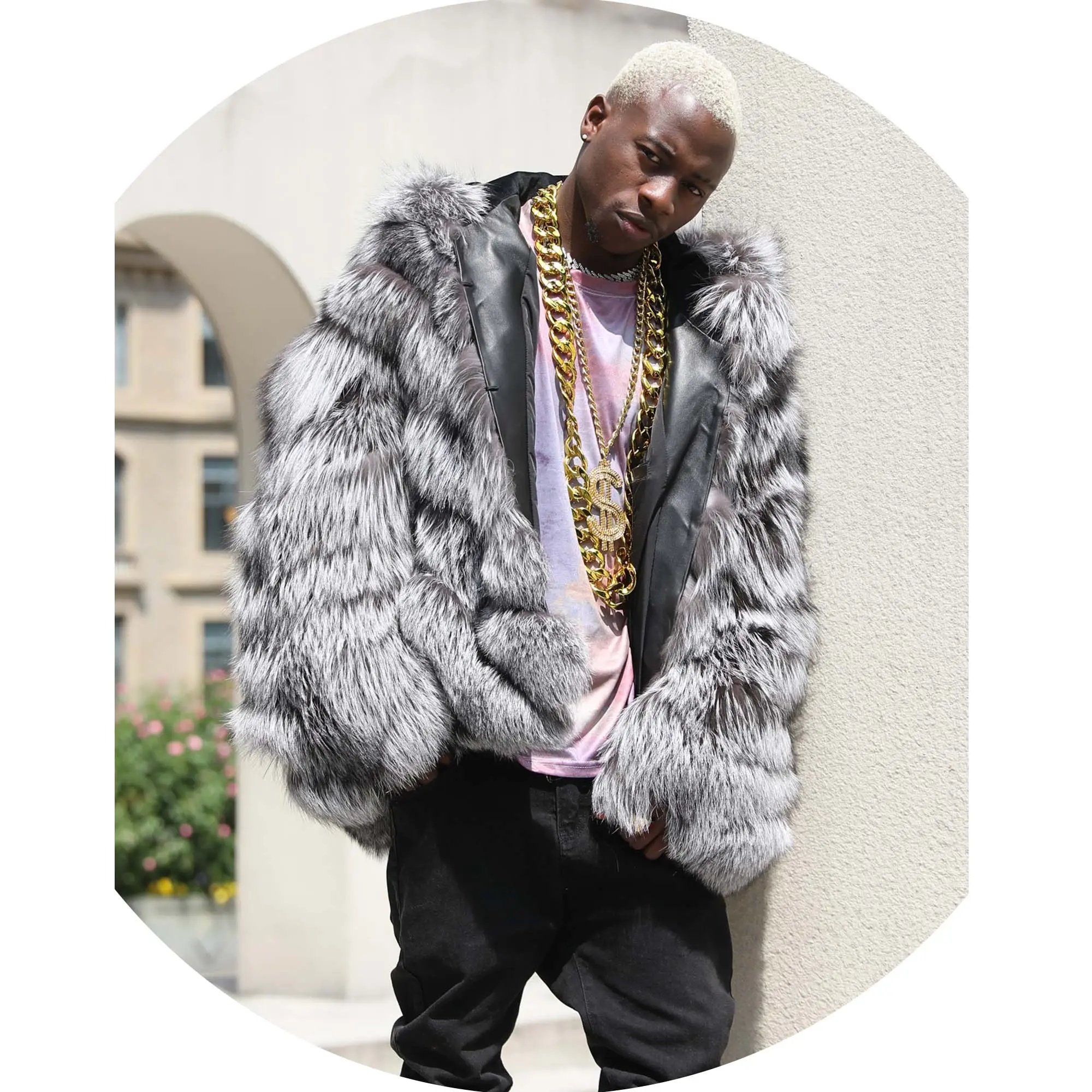 Men Long Fur Custom Size Available Fluffy Full Sleeves Thick Big Hooded Real Silver Fox Fur Coat