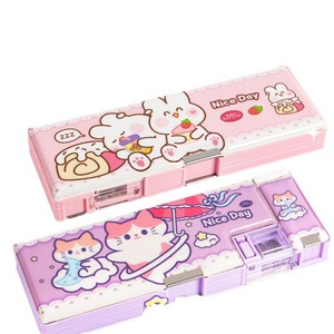 Caja de papelería multifuncional de doble capa Simple 2025, estuche de lápices de plástico de dibujos animados para niños y niñas de primaria, venta al por mayor - Product Image 1