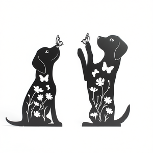Silhouettes de chiots en métal pour jardin, décorations d'extérieur pour les amoureux des chiens, design floral adorable, style piquet décoratif - Product Image 1