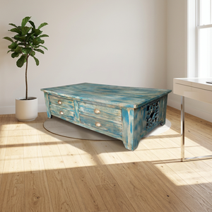 Mesa de centro de madera azul envejecida con cuatro cajones, hecha a mano, para conjunto de sofá, casa de campo, hotel - Product Image 3