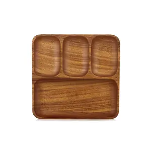 Hot sale 4 section diet portion control plate wood square brown dinner plates dish