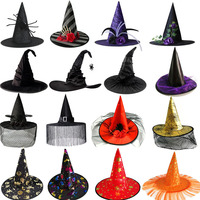 Chapeau de sorcière noir avec motif toile d'araignée et rose, chapeau de magicien conique pointu pour costume d'Halloween étoilé, pour enfants et adultes, en tissu pour fête