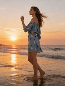 Robe mi-longue élégante à manches bouffantes à imprimé plumes tendance 2026, robe trapèze décontractée/de travail pour femme, toutes tailles - Product Image 2