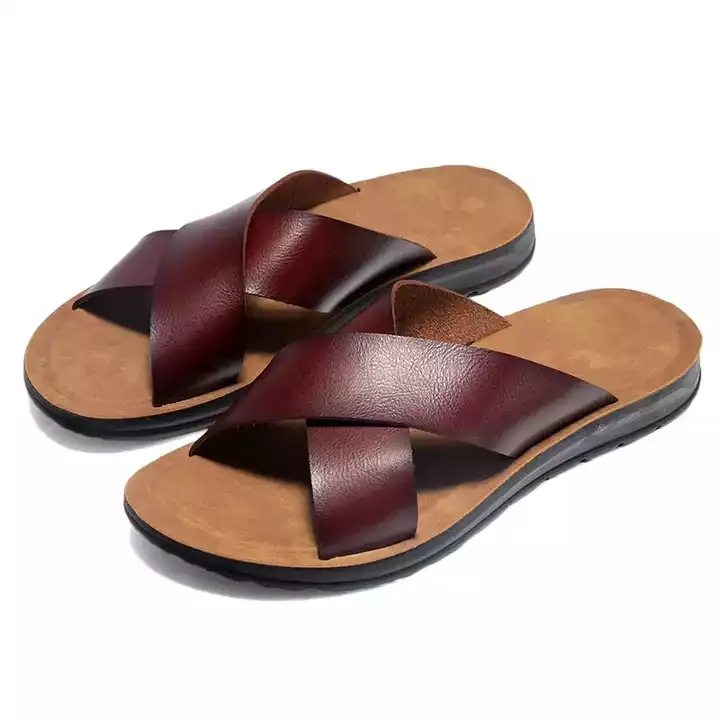 2022 Summer Beach Wholesale Custom Logo Cross Strap Leather Flat Slide Slippers Sandals for Men