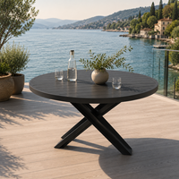 Mesa de Comedor Redonda de Aluminio para Exteriores, con Base Cruzada y Tablero de Aluminio con Rejillas en Negro Mate, para Patio o Jardín