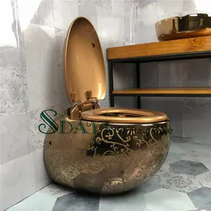 Wall Hung Toilet SDAYI Western Modern Ceramic Toilet Egg Shape Around Golden Wall Hung Toilet Gold Color Wall Mounted Toilet