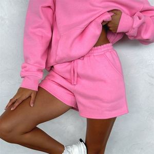 OEM Personalizar Color Logo Etiqueta Privada En Blanco Sólido Sudadera Con Capucha Pantalones Cortos 2 Piezas Conjunto Mujeres Ropa Chándales - Product Image 2