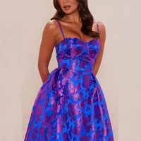Robe de soirée personnalisable pour femme, bleu royal et violet, à imprimé floral, avec bretelles spaghetti et jupe trapèze, pour les occasions formelles