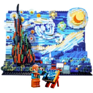 Conjunto de blocos de construção para pintura de noite estrelada, brinquedos de decoração de quarto, modelo de micro, desenho de Vincent Van Gogh